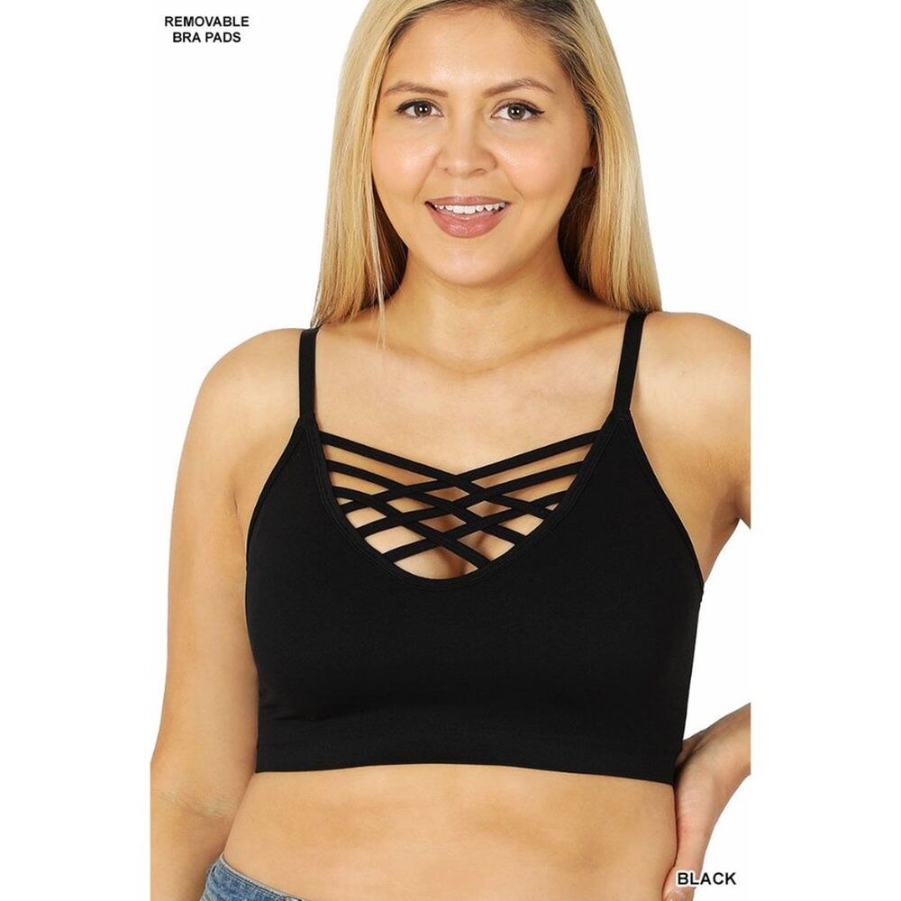 1X/2X Black Front V Lattice Bralette + bra padding adjustable straps Zenana